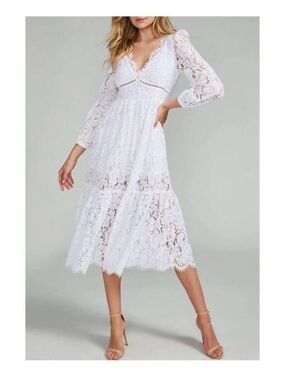 Generation Love White Lace V-Neck Midi Dress with Long Sleeves